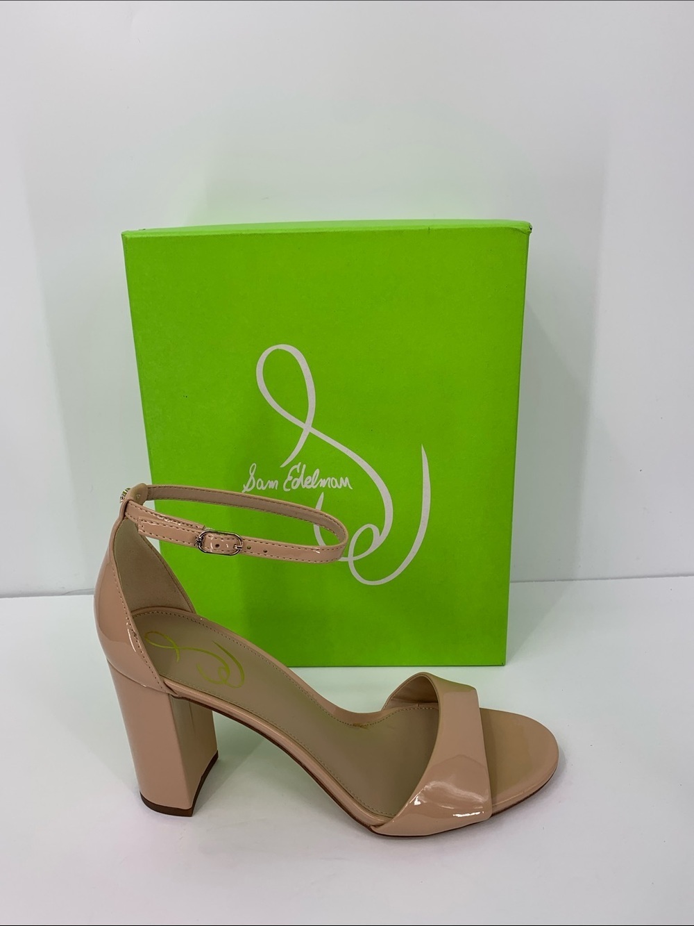 Sam Edelman Robyn strappy sandal beige nude patent ankle strap tan chunky new 9